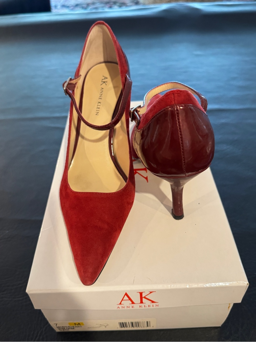 Anne Klein Deep Red Suede and Patent Leather Pointed-Toe Mary Jane Heels Size 7